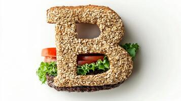 playful interpretation of the Letter B crafted from a hamburger featuring vibrant lettuce and tomatoes all set on a pristine white backdrop perfect for unique culinary presentations. photo