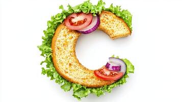 creative representation of the letter C formed using a bun fresh lettuce and tomatoes showcasing an artistic approach to meal presentation. This vibrant arrangement highlights the fun in food. photo