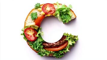 creative arrangement of hamburger elements forms the letter C showcasing fresh lettuce tomatoes and a beef patty on a crisp bun all set against a white background. photo