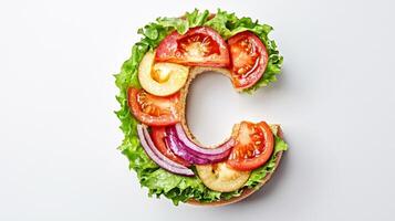 creative creation showcases the letter C made entirely from vibrant hamburger ingredients featuring fresh lettuce tomatoes and onions set against a clean white background. photo
