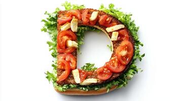 creative culinary interpretation of the letter D made with a hamburgers textures featuring fresh lettuce tomatoes and crunchy ingredients all displayed on a white backdrop. photo