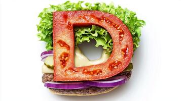 creative and playful depiction of the letter D formed from fresh hamburger ingredients featuring vibrant colors and textures. Perfect for food lovers and typography enthusiasts alike. photo
