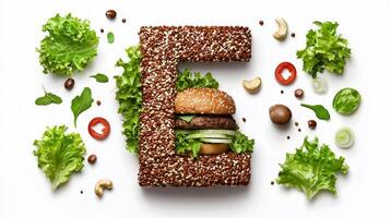 creative display of the letter E meticulously arranged with hamburger ingredients including a gourmet burger nestled among fresh vegetables all set against a bright white background. photo