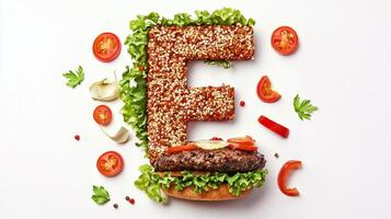 artistic representation of the letter E is crafted from various hamburger components including a sesame seed bun fresh lettuce tomatoes and a juicy patty all meticulously arranged. photo