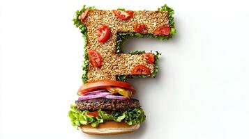 letter F is artistically composed of fresh burger ingredients including lettuce tomatoes and a juicy patty creating a playful and edible representation of the alphabet. photo