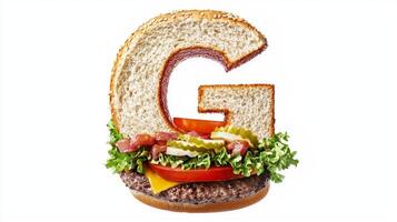 creative piece features the letter G formed using hamburger ingredients including lettuce tomato pickles and a juicy patty against a clean white backdrop. photo