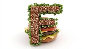 striking letter F is formed from hamburger components featuring sesame seed bun fresh vegetables and layers of cheese. Its an imaginative food display ideal for creative culinary concepts. photo