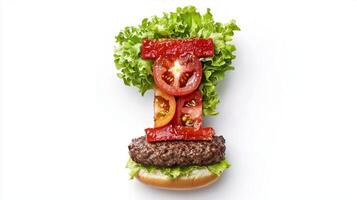 artistic arrangement showcases letter I crafted from layers of fresh lettuce juicy tomatoes and hearty hamburger patty on a seamless white surface celebrating culinary creativity. photo