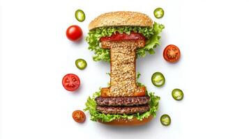 unique culinary creation showcases the letter I formed from burger components highlighting fresh lettuce tomatoes and flavorful patties set against a pristine background. photo