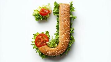 letter J is artistically formed using a sesame seed bun complemented by vibrant lettuce and a slice of tomato creating a unique culinary display. photo
