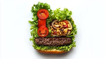 visually appealing arrangement of hamburger elements forms the letter L featuring juicy meat fresh lettuce vibrant tomatoes and crisp vegetables beautifully presented. photo