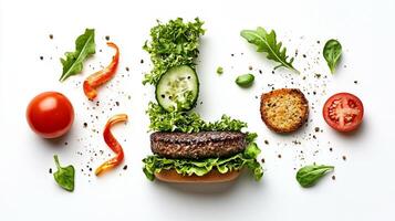 letter L is artfully composed using savory hamburger components showcasing vibrant vegetables and textures. This culinary creation highlights the beauty of edible design. photo