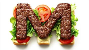 letter M formed from juicy hamburger patties surrounded by crisp lettuce and ripe tomatoes all set against a clean white backdrop. photo