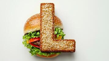 vibrant and appetizing letter L crafted from hamburger textures and ingredients rests atop a fresh bun and crisp lettuce celebrating fun food artistry. photo