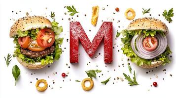 letter M stands out amid fresh lettuce tomatoes and a hearty patty celebrating culinary creativity against a white backdrop. photo