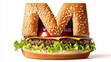 playful artistic creation showcases the letter M shaped from sesame seed burger buns and filled with fresh ingredients highlighting a unique culinary approach photo