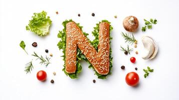 vibrant composition of the letter N crafted from a flavorful hamburger surrounded by crisp lettuce juicy tomatoes and various lovely vegetables inviting a taste adventure. photo