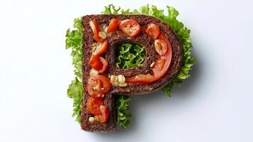 captivating creation features letter P made from rich brown bread adorned with fresh tomatoes and lettuce set against clean white backdrop for visually appealing presentation. photo