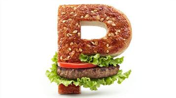 artistic representation features the letter P crafted from fresh hamburger components set against a pristine white background. The burgers elements create a playful twist on typography. photo