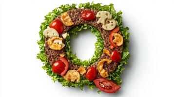 artistic composition features the letter Q uniquely created with hamburger elements like lettuce tomatoes and beef served on a pristine white backdrop. photo