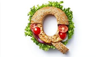 artistic creation showcases the letter Q crafted from a hamburger with vibrant ingredients like lettuce and tomatoes nestled in a sesame seed bun. photo