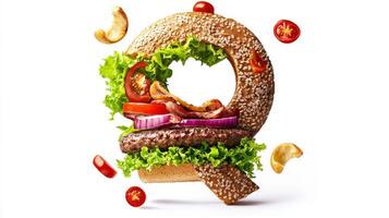 letter Q showcases unique blend hamburger elements featuring a sesame seed bun fresh lettuce juicy tomato and tender meat all set against a blank backdrop. photo