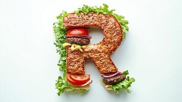 visually striking letter R crafted from toppings of a hamburger featuring layers of lettuce tomato onion and patties all set against a pristine white backdrop. photo
