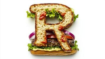 playful and artistic representation of the letter R made with hamburger ingredients featuring lettuce tomato and a grilled patty designed for culinary inspiration and fun. photo
