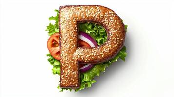 artistic representation of the letter P made from a golden brown hamburger bun surrounded by fresh lettuce tomato and onion against a clean white backdrop. photo