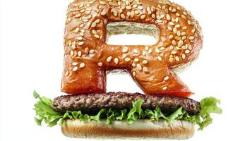 letter R crafted from hamburger components stands out with its sesame seed bun fresh lettuce and juicy patty offering a playful twist on food art. photo