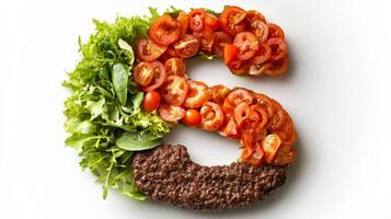 delectable letter S created from hamburger components resting on a fresh layer of crisp lettuce and juicy tomatoes making it enticing and unique culinary highlight. photo