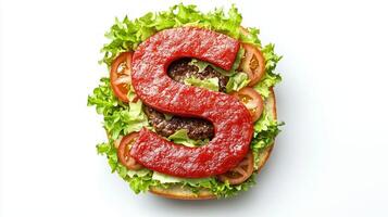 striking representation of the letter S is crafted from fresh ingredients incorporating lettuce tomatoes and a hamburger nestled the base showcasing delicious creativity in food. photo