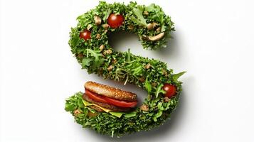 A creative representation of the letter S formed using colorful hamburger ingredients showcasing a mix of textures and flavors set against a clean white backdrop. photo