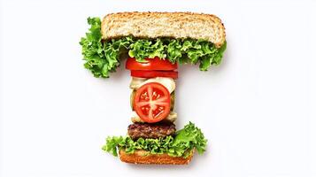 Crafted from juicy ingredients a letter T stands tall and appetizing showcasing layers of lettuce tomato and savory burger patty against a clean white backdrop. photo