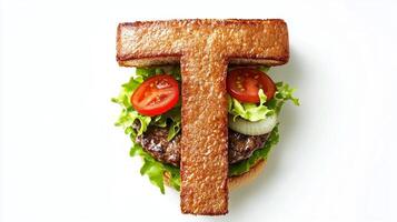 Crafted with layers of fresh ingredients artistic representation of the letter T showcases a unique burger design ideal for culinary enthusiasts and food art lovers. photo
