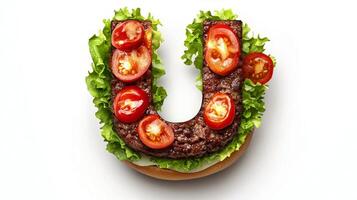 creative culinary design features the letter U made from fresh hamburger ingredients including lettuce tomatoes and onions highlighting a playful approach to food. photo