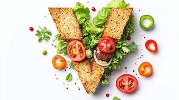 artistic representation showcases letter V crafted from a realistic hamburger bun surrounded by vibrant salad ingredients like lettuce tomatoes and cucumbers against a clean backdrop. photo