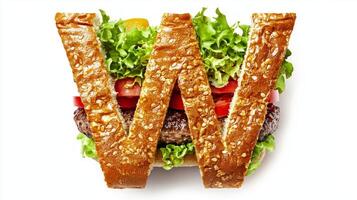 letter W is crafted from tasty hamburger ingredients showcasing crisp lettuce juicy tomatoes and fresh cucumbers against clean white backdrop inviting anyone savor its uniqueness. photo