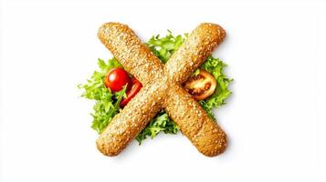 striking visual letter X formed from hamburger components featuring fresh lettuce a juicy patty vibrant tomatoes and crispy fries all set against a white background. photo