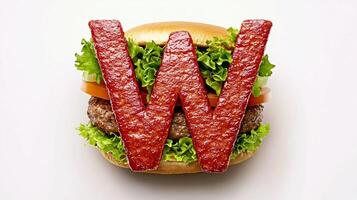 creative culinary arrangement features the letter W formed by delicious hamburger components including lettuce tomato and meat creating an appealing visual feast. photo