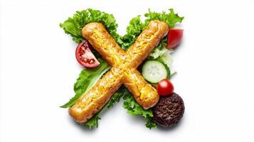 distinctive letter X crafted from various hamburger components including lettuce condiments and meat artistically arranged on clean white backdrop highlighting meal inspired texture. photo