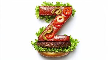 artwork showcases the letter Z constructed from flavorful hamburger components like lettuce tomatoes and juicy meat highlighting culinary creativity. photo