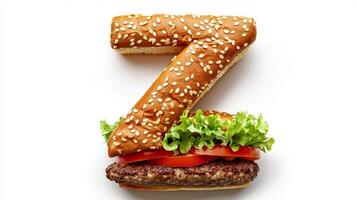 creative arrangement showcases the letter Z formed from hamburger ingredients including a bun lettuce and fresh vegetables all on a white surface. photo