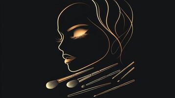 striking female silhouette highlighted in golden lines features makeup brushes elegantly arranged nearby perfect for a beauty salon aesthetic. photo