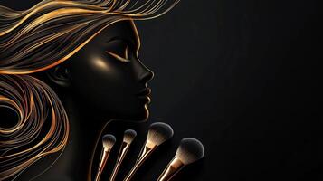 striking female silhouette adorned with golden lines embodies elegance while makeup brushes lie nearby showcasing beauty artistry and sophistication. photo