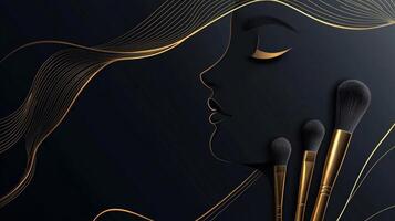 graceful female silhouette adorned with golden lines captures the essence of beauty. Nearby makeup brushes add a touch of artistry showcasing a chic salon atmosphere. photo