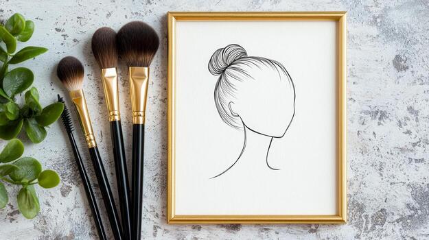 delicate line drawing captures a female silhouette emphasizing beauty and elegance while complementary makeup brushes rest nearby enhancing the artistic charm. photo
