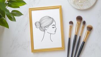 graceful line drawing female profile is elegantly displayed within a luxurious gold frame accompanied by beautifully arranged makeup brushes creating a refined beauty aesthetic. photo