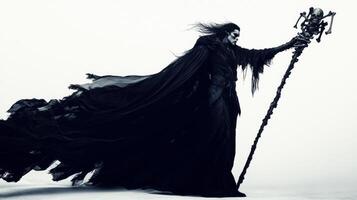 powerful figure in dark robes Hel commands attention with her bone staff set against a stark white backdrop that enhances her imposing presence. photo