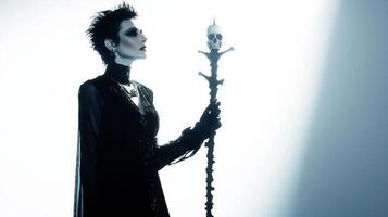powerful figure dressed in dark robes holds a skeletal staff embodying Hel the goddess of the underworld in Scandinavian mythology. Dramatic shadows enhance the scene. photo